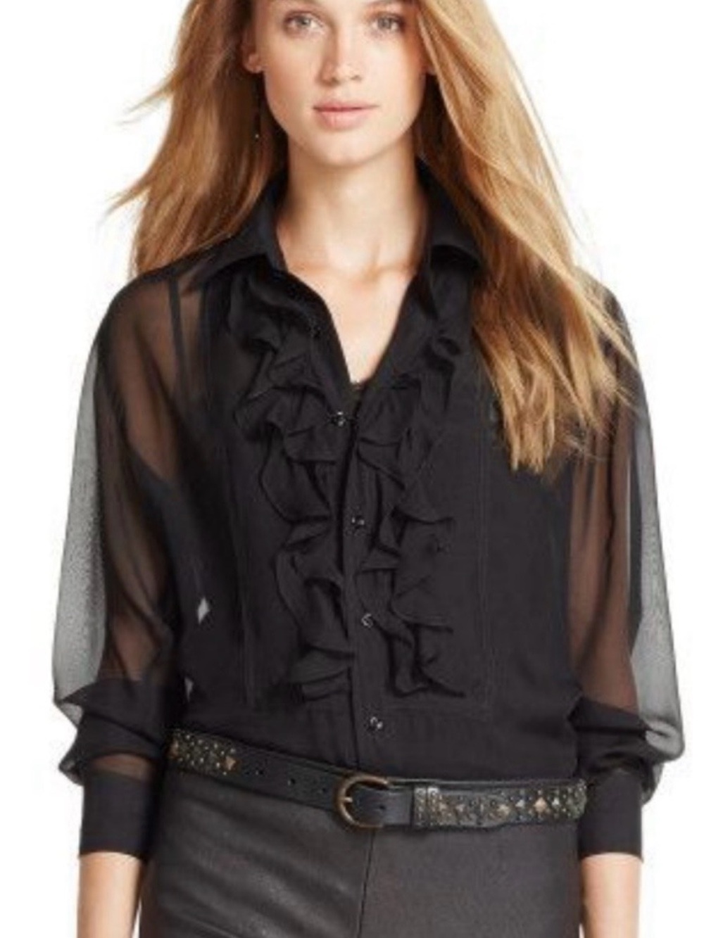Polo Ralph Lauren Silk Black Button Front Ruffle Sheer Long Sleeve Blouse Small